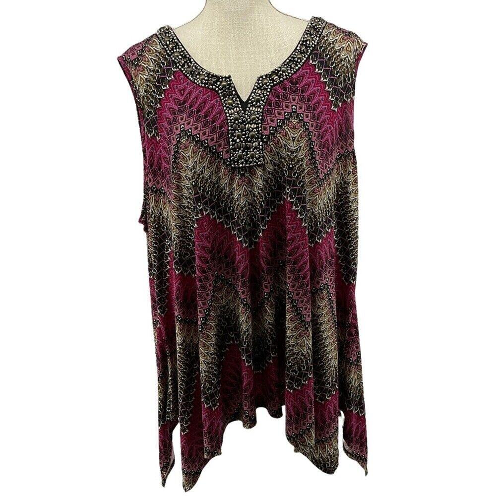 Avenue Woman"s 26/28 Beaded Asymmetrical Sleeveless Blouse V Neck Multi Color‎